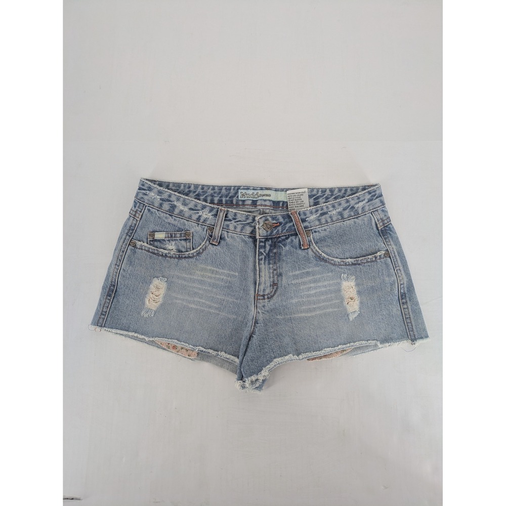 Mudd Jeans Micro Shorts Womens 9 Distressed Floral Peekaboo Pockets Raw Hem Y2K